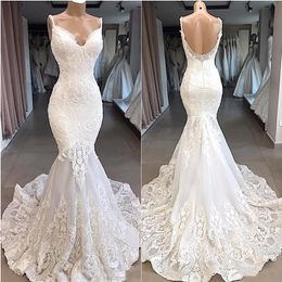 Vintage Spaghetti Strips Mermaid Slim Lace Appliques Wedding Dress Backless Custom Bridal Gowns Formal Vestidos De Marriage Long G304Q