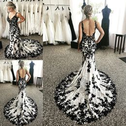 Black White Mermaid Country Wedding Dresses Full Lace Applique Gothic Backless Garden Outdoor Bridal Gown Vestido Robes 328 328