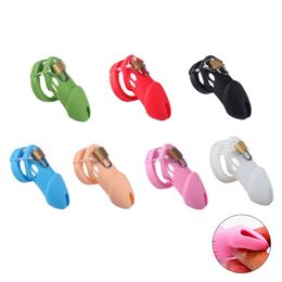 Chastity Devices 7 Colours Silicone Male Chastity Device Cock Cage Sex Toys With 5 Penis Ring Prevent Breaking Free Standard Short Cages Sex Shop 230804