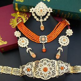 Wedding Jewellery Sets Sunspicems Morocco Bride For Women Gold Colour Waist Chain Belt Orange Crystal Choker Necklace Drop Earring Brooch 230804