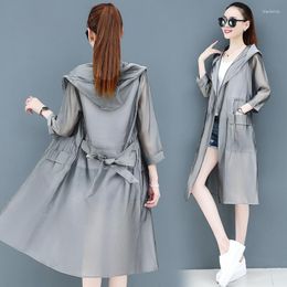 Women's Trench Coats #6004 Pink Grey Long Windbreaker Women With Hood Casual Thin Loose Summer Coat For Belt See Through Overcoat