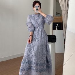 Casual Dresses 2023 Arrival Elegant Runway Crochet Lace Dress Women's Lantern Sleeve Stand Collar A Line Long With Belt Vestidos