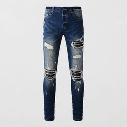 Men's Jeans High Street Fashion Men Retro Blue Elastic Stretch Skinny Ripped Leather Patched Designer Hip Hop Brand Pants