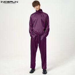 Mens Tracksuits INCERUN Men Sets Solid Colour Turtleneck Long Sleeve T Shirt Elastic Waist Pants 2PCS Streetwear Fashion Casual Suits 230804