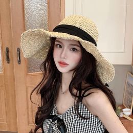 Wide Brim Hats Ladies Summer Beach Vacation Panama Jazz Hat Sunscreen Handwoven Straw Sun Women Hawaii Casual Sunshade Cap Bucket