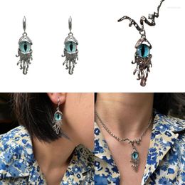 Hoop Earrings Blue Eye Beads Necklace Earring With Octopus Tail Charm Halloween Jewelry Y2K Clavicle Chain Choker