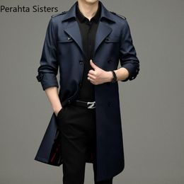 Men's Trench Coats Brand Top Quality Business Windbreaker Spring Autumn Over KneeLength DoubleBreasted Long Coat Korea Man Clothing 230804