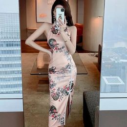 Ethnic Clothing Summer Chinese Style Vintage Dress Sexy Print Qipao Girly Midi Skirt Robe Improved Side Split Young Cheongsam