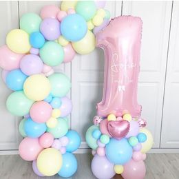 Other Event Party Supplies 63pcs Pastel candy Pink 1st 2nd 3rd Foil Number Balloon set Macaron Latex Ballons Girl Princess baby shower Birthday Party decor 230804