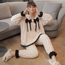 Women's Sleepwear Fashion Women Pajamas Set Autumn Winter Flannel Thick Warm Korean Sweet Bow Female Pijamas Cotton Homewear