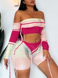 Women's Tracksuits InGrily Chic Knit Patchwork Women 2 Piece Set Tracksuit Off Shoulders Ripped Crop Tops Fold Shorts Stretch Street