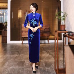 Ethnic Clothing Sheng Coco Blue Velvet Cheongsam Long Dress Flower Embroidered Qipao Ladies Clothes Slim Chinese Autumn Wear Red Purple