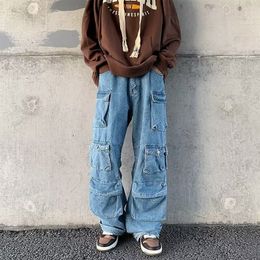 Men s Jeans Multi Pocket Washed Cargo Pants Men Y2K Retro High Street Fashion Waist Couple Harajuku Casual Wide Leg 230804