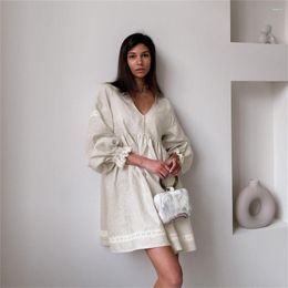 Casual Dresses Spring Summer Cotton Line V-neck Patchwork Lace Dress For Women Loose A-Line Pleated Button Lantern Long Sleeve Mini
