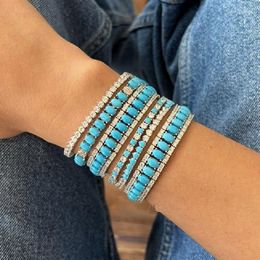 Charm Bracelets Silver Colour Fashion High Quality Women Girl Jewellery Geometric Oval Shaped Blue Turquoises Stone CZ Tennis Bracelet