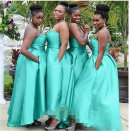 Elegant Turq African Cheap bridesmaid Dress Plus size strapless With Pockets Asymmetrical Cheap Bridesmaid Prom Evening Party Dres2419