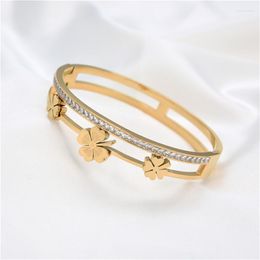 Bangle Classic Flower Design Zircon Hollow Bracelet For Women Stainless Steel Gold Rose Silver Colour Jewellery Wholesale