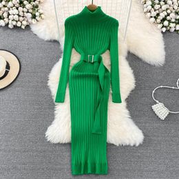 Casual Dresses Chic Long Knit Turtleneck Sweater Dress Women High Waist Elastic Slim Bodycon With Belt Woman Pleated Midi