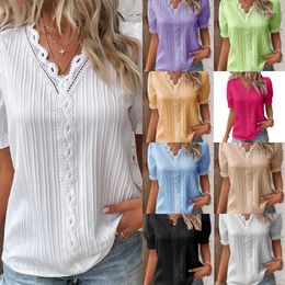 Women's Blouses Oversize 5XL Summer Short-sleeve Lace Shirt Tops Women Hollow Pullover Fashion Female V-neck Striped Casual Tees Shirts