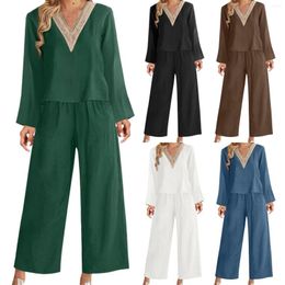 Women's Two Piece Pants V Neck Cotton And Linen Casual Top Ladies Long Sleeved Trousers Suit Jumpsuit Tartan Women Hunting Overalls
