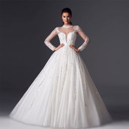 Luxury Dubai Lace Beading Formal High Collar Wedding Dresses Sexy Illusion Back Wedding Bridal Gown Sheer Neck Princess Dress For Bride