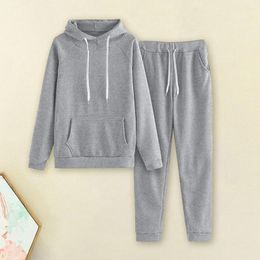 Women's Two Piece Pants Long Sleeve Warm Tracksuit Cosy Winter Outfit 2-piece Hoodie Set With Elastic Waist Drawstring Patch Pockets For