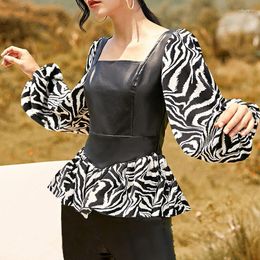 Women's Blouses Spring Autumn Zebra Print Pu Leather Blouse 2023 Square Collar Long Sleeve Fashion Shirt For Female Korean Style Cool