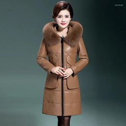 Women's Fur 2023 Winter Pu Leather Parkas Women Mid Long Down Cotton Jacket Collar Thick Warm Coat Female Casual Overcoat Ladies Tops