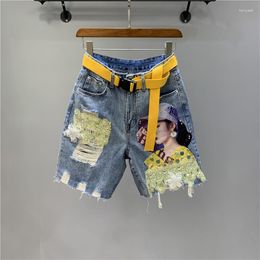 Women's Jeans Heavy Industry Beauty Map Tassel Sequins Beaded Ripped Cropped Denim Shorts Women Summer Loose Straight Short Pants