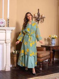 Ethnic Clothing Women Spring Summer Muslim Two-piece Sling Printed Mesh Dress Turkish Abaya Arab Islamic Moroccan Kraftan Gown
