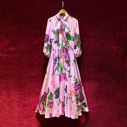 2023 Summer Pink Floral Print Waist Belted Dress Long Sleeve Round Neck Long Maxi Casual Dresses A3Q122246