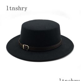 Wide Brim Hats Retro Winter Autumn Women Men Top Hat Imitation Woollen Felt Fedora Belt Buckle Decorated Ladies Boater Flat 220810 Drop Dh6Ec