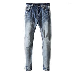 Men's Jeans AM Casual Fashion Blue Wash Water Make Old Edge Printing Hit Color Knife Cut Holes Slim Feet Denim Pants