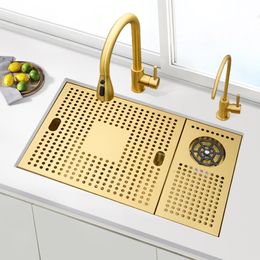 Light Luxury Golden Kitchen Sinks Nordic Kitchen Accessories Dish Drainer Stainless Steel Single-slot Bar Table Cup Washer Sink