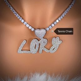 Pendant Necklaces Custom Nameplate Brush Letters With Heart Bail Iced Out Cubic Zirconia Initial Name Necklace Personalized Jewelry Gift for Her 230804