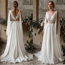 Strand-Boho-Hochzeitskleid, Flügelärmel, A-Linie, Chiffon, Applikationen, Spitze, Prinzessin, griechisches Brautkleid, arabisches Hochzeitskleid