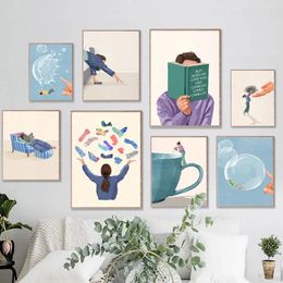 Tägliches Leben Leinwand Malerei Wandkunst Drucke Minimalistisches Mädchen liest Buch Poster Ballon Tasse Abstrakte Bilder für Mädchen Schlafzimmer Wohnzimmer Dekor w06