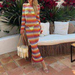 Casual Dresses YEMOGGY Fashion Loose Long Sleeve For Summer Women's Dress 2023 Hollow Out Colorful Stripes Midi