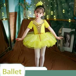 Stage Wear Yellow Ballet Dance Dress Kids Girls Sleeveless Mesh Tulle Gymnastic Leotard Performance Lyrical Costumes