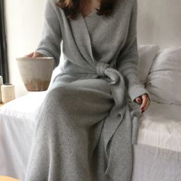 Women's Knits Tees Korean Belted Long Sweater Sexy V Kneck Cardigan Knitted Dress Autumn Fashion Casual Solid Colour Knitwear Elegant Tunic 230804