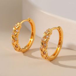 Hoop Earrings Copper-Plated 18K Gold EuropeanAnd American Wheat Ears Leaf Design Inlaid Zirconia Celebrity Aristocratic Shape Women