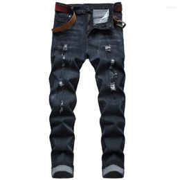 Men's Jeans Men Black Ripped Denim Brand Straight Slim Fit Long Pants Fashion Male Stretch Holes Size 42