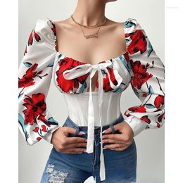 Women's Blouses Red Floral Elegant Stain Shirt Spring Summer Fashion Blouse 2023 Square Collar Bow Lace For Female Casual Clothing