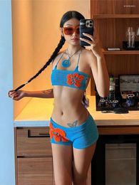 Women's Tracksuits Sexy Strap Two Piece Sets Womens Outifits Blue Low Waist Y2k Short Knitting Suit Aesthetic Clothes Summer Ensemble Femme