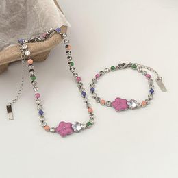 Necklace Earrings Set Korean Style Flower Pink Charm Bracelets Colorful Crystal Beaded Sweet Cool Neckchain Fashion Neck Ornament/Bangle