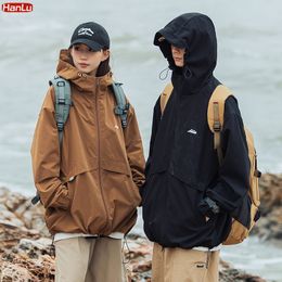 Mens Jackets Spring Hiking Climbing Outerwear Windproof Jacket Hooded Coats Men Women Loose Patchwork Zipper Hat Plus Size 230804