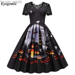 Theme Costume Lace Vintage Halloween Dress Women's Short Sleeve 50S 60S Vintage Party Dress Skull Witch Horror Hollow Costume Role Play Z230805