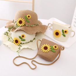 Wide Brim Hats Girl's Beach Princess Hat Sun Visor Children's Flower Straw Bag Set Sunscreen Summer Fashion Casual