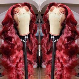 13x4 Body Wave Lace Front Human Hair Wig Brazilian Red Coloured Remy Wigs for Women HD Transparent Lace Frontal Wig
