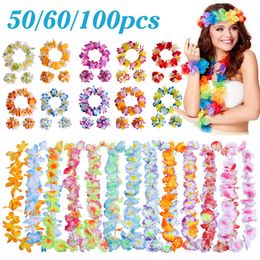 Other Event Party Supplies 40-100pcs Hawaiian Party Artificial Flowers leis Garland Necklace Headband Garlands Beach Tropical Party Supplies Wedding Decor 230804